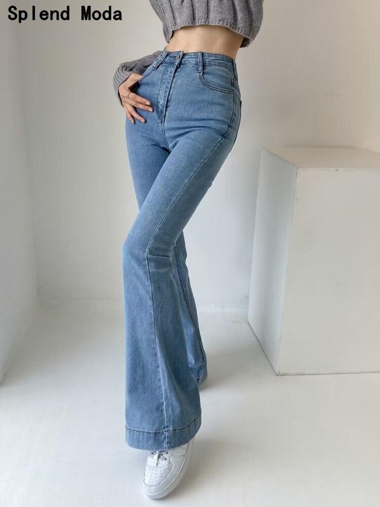 Splend Moda 2023 Women Spring Fashion Young Style Elastic Tight Denim Flare Pants Streetwear High Waist Jeans Chic Solid Trouser